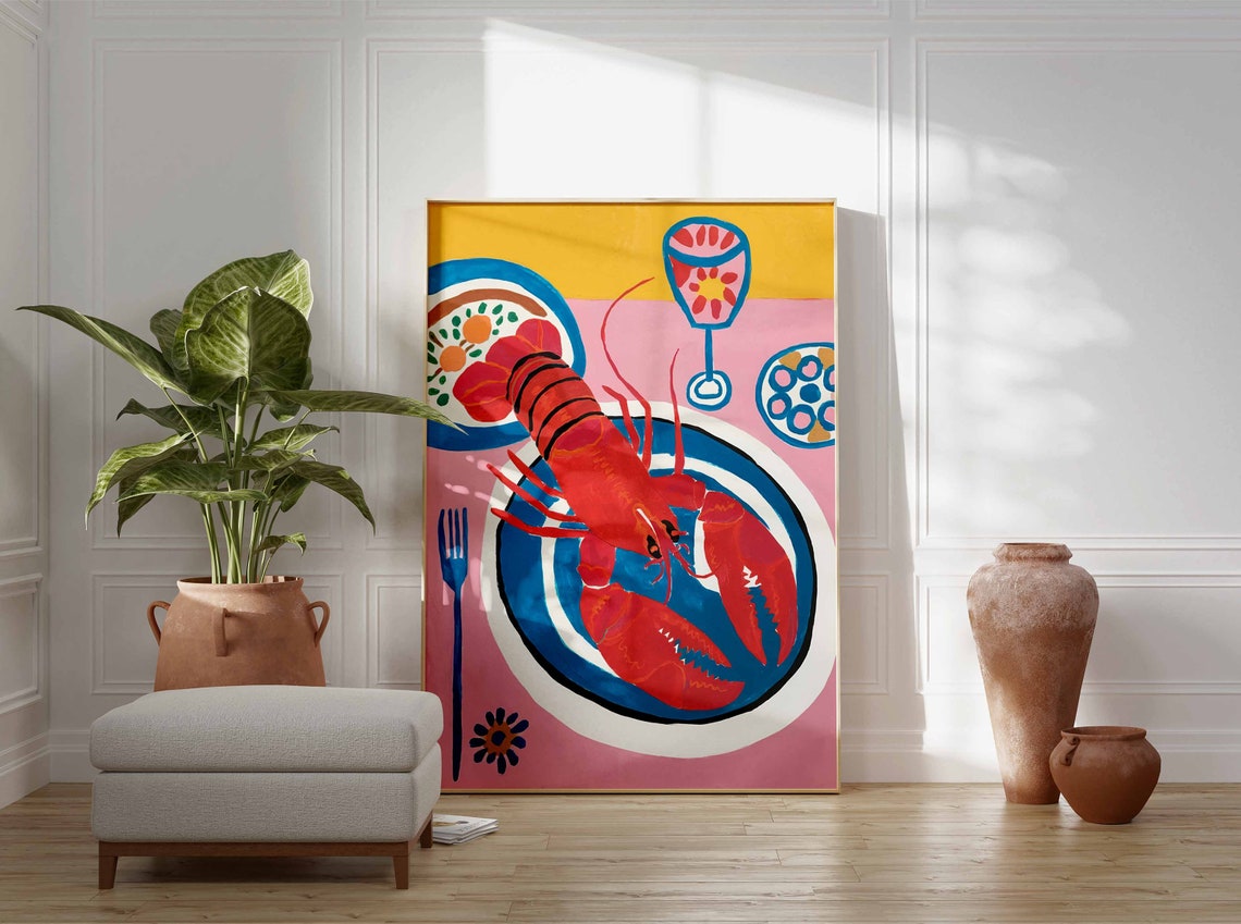 Big Red Lobster On Patterned Plate Bold Seafood Dinner Art Poster - Image 3