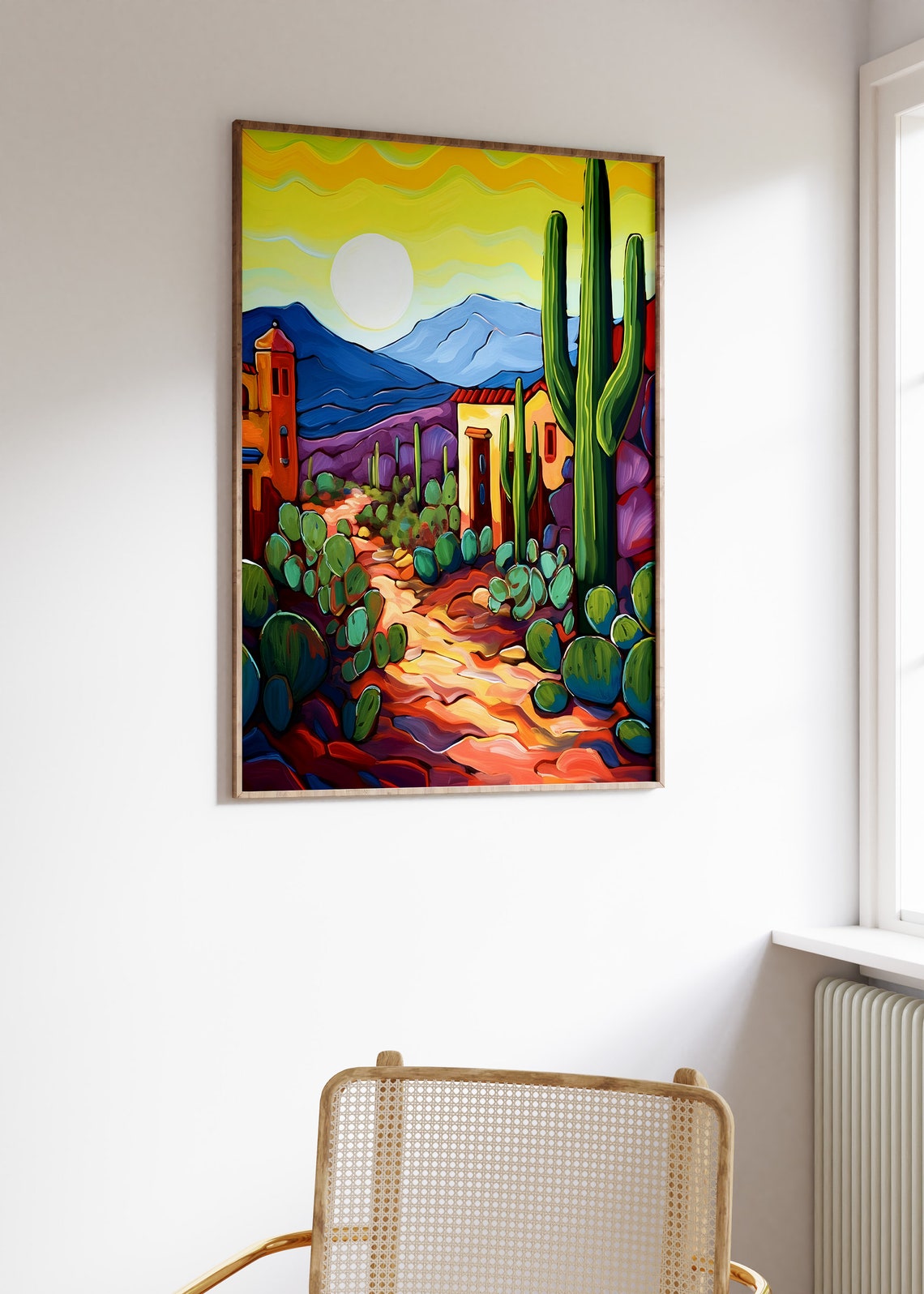 Colorful Desert Village Saguaro Sunset Landscape Painting Poster - Image 3