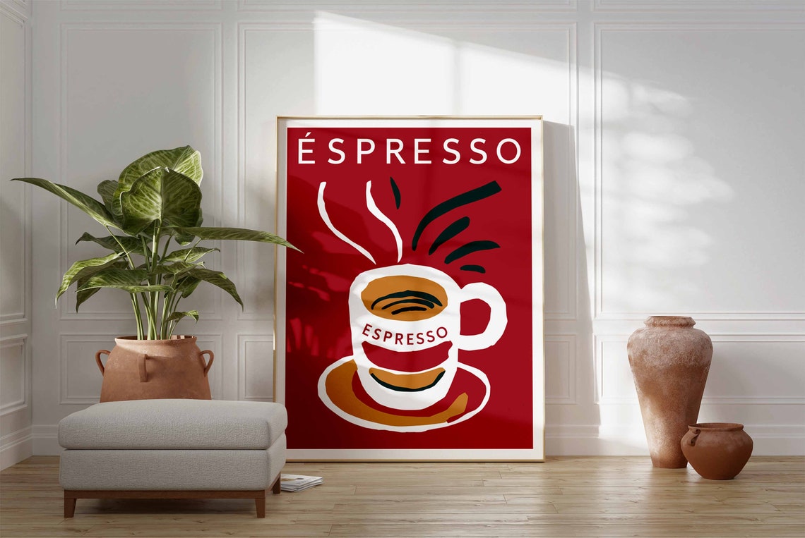 Espresso Cup Steaming Red Retro Coffee Art Typography Poster - Image 3