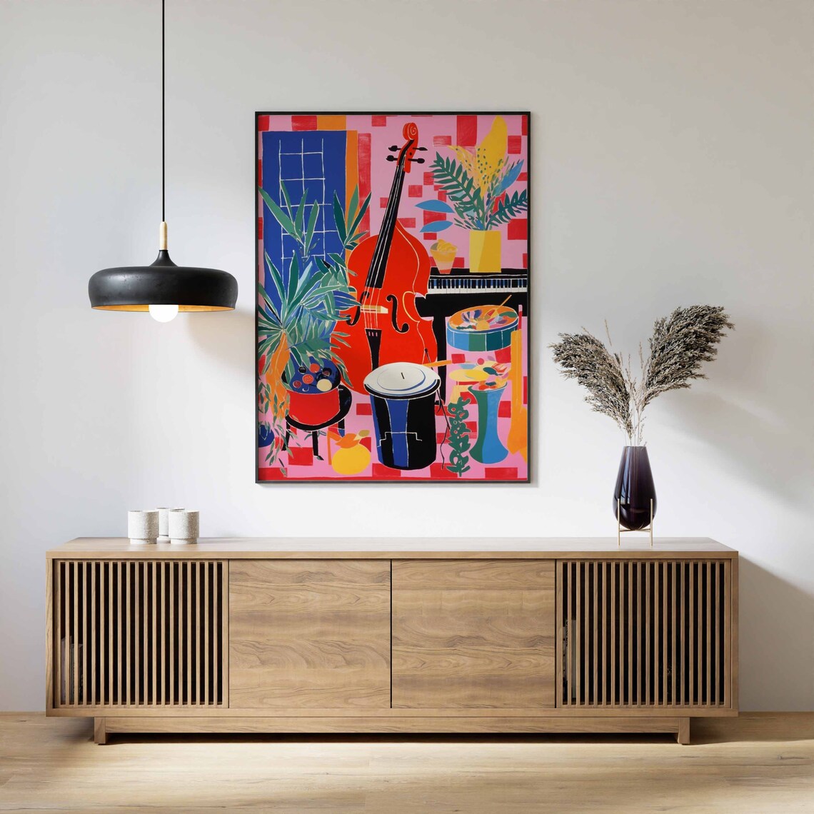 Colorful Jazz Instruments Double Bass Piano Still Life Art Poster - Image 2