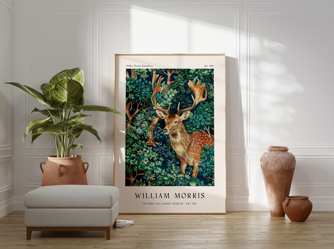 William Morris Stag Deer in Leafy Forest Botanical Vintage Style Poster - Image 3