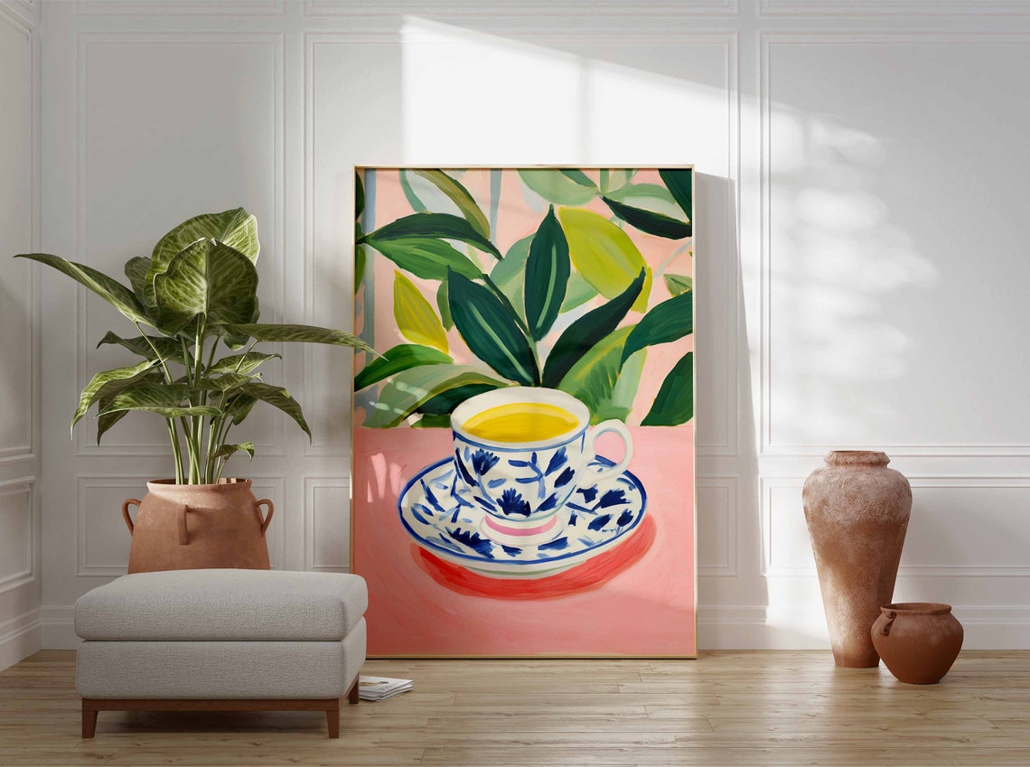 Retro Floral Coffee Cup Illustration Blue White Pink Wall Art - Image 3