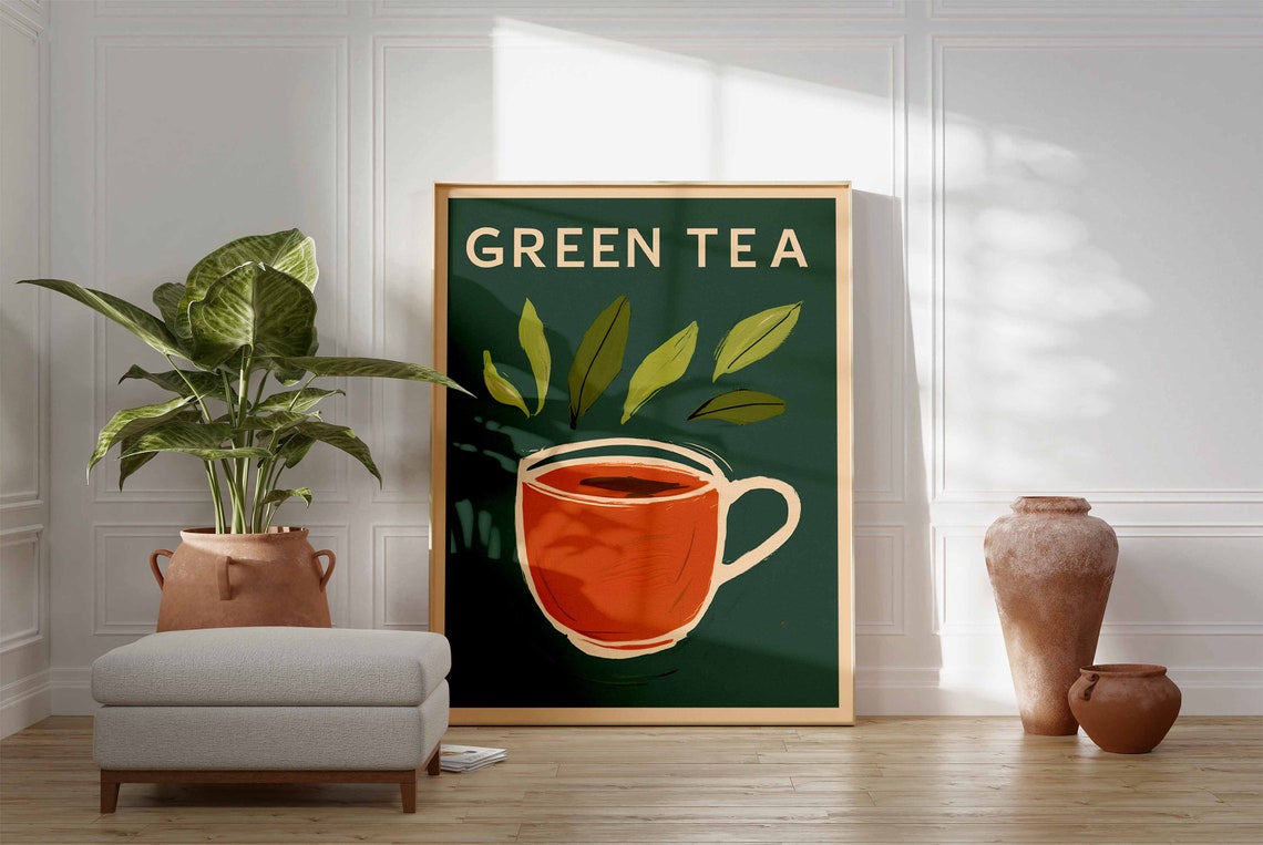 Steaming Green Tea Cup Leaf Dark Green Retro Kitchen Art Poster - Image 3