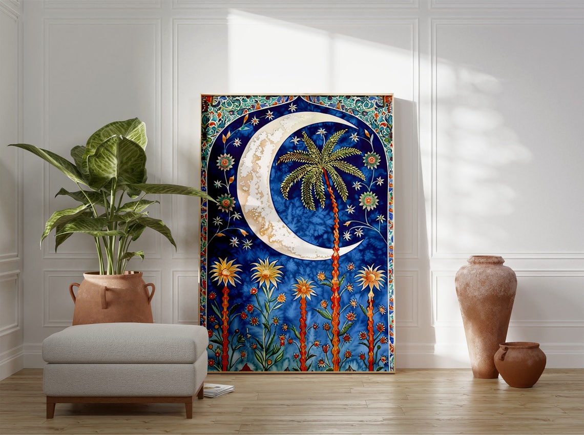 Middle Eastern Crescent Moon Palm Tree Islamic Floral Poster - Image 3
