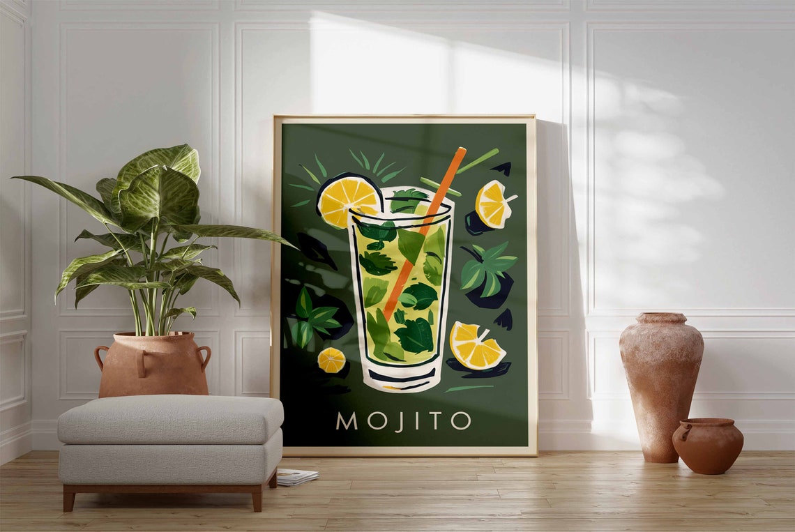 Mojito Mint Lime Tall Glass Orange Straw Retro Cocktail Bar Poster - Image 3