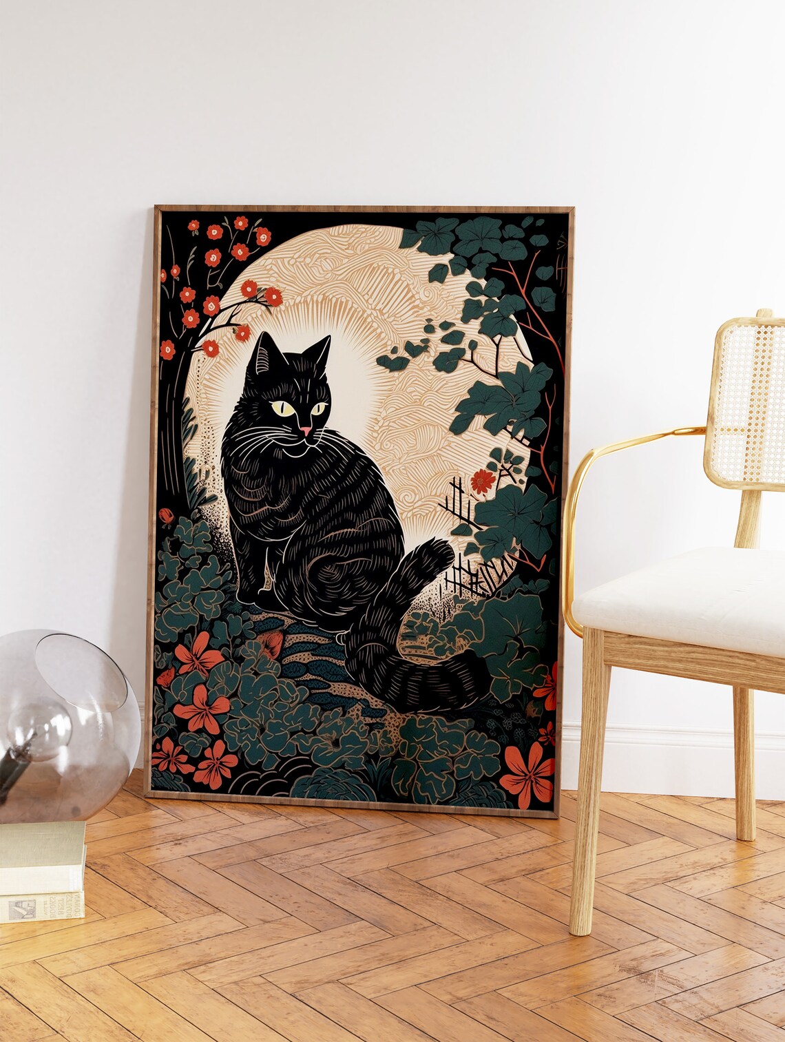 Japanese Black Cat Full Moon Vintage Woodblock Style Art Print - Image 2