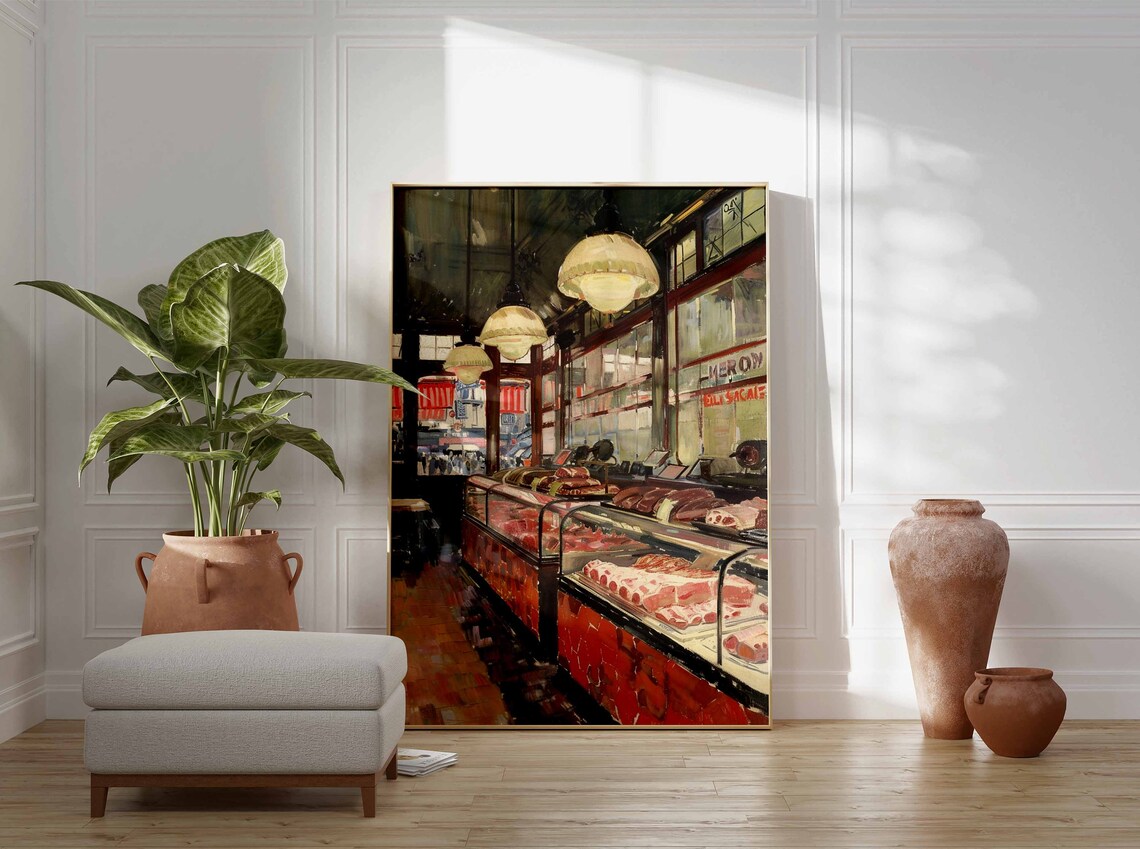 Classic Butcher Shop Interior Pendant Lamps Meat Case Art Print - Image 3