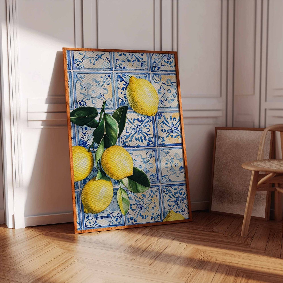 Sunny Lemon Branch on Blue Tiles Citrus Still Life Art Poster - Image 2