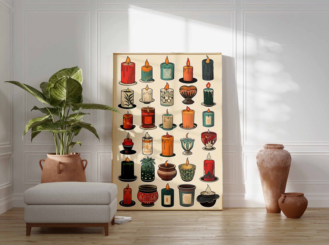 Colorful Illustrated Candle Collection Home Poster Cozy Decor Art - Image 3