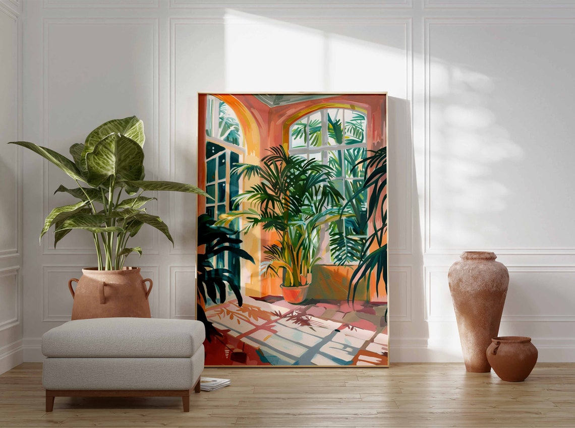 Vintage Tropical Palm Conservatory Sunlit Botanical Garden Wall Art - Image 2