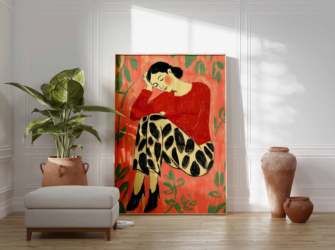 Woman in Red Sweater Spotted Pants Coral Background Art Poster - Image 2