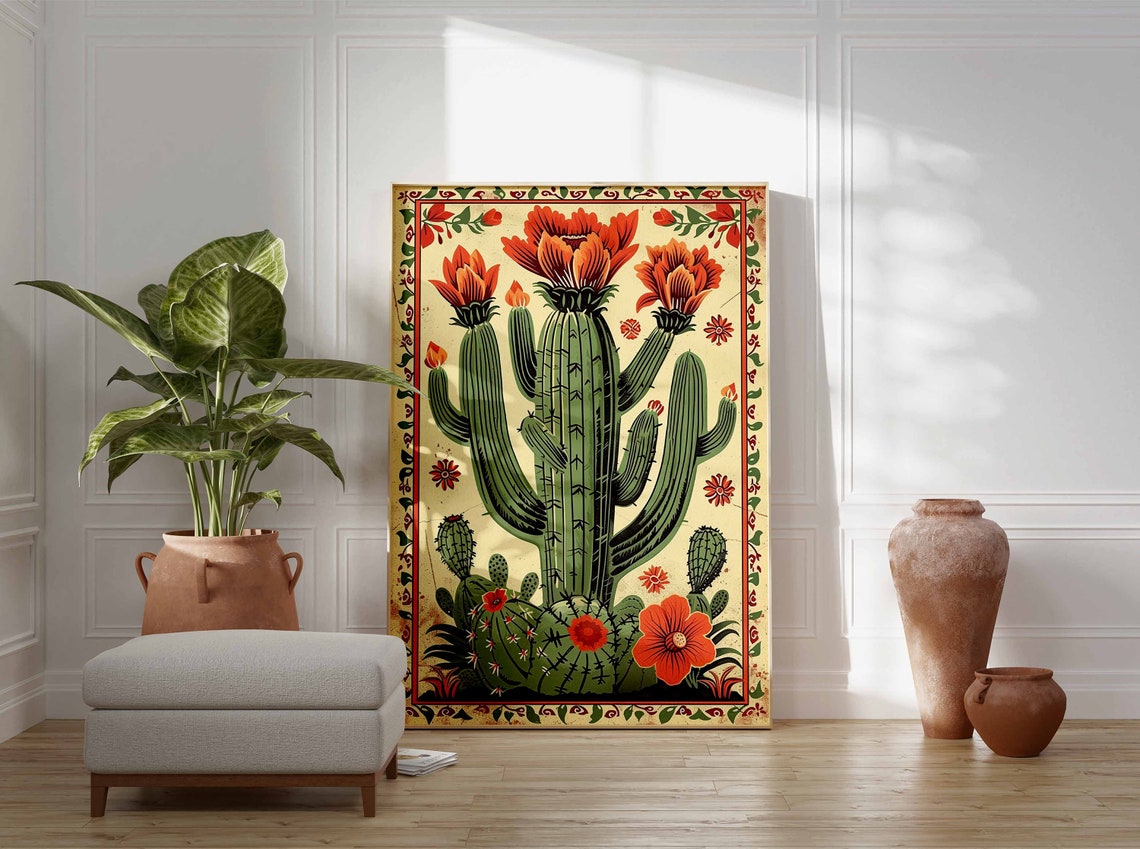 Vintage Mexican Blooming Cactus Orange Flowers Folk Art Poster - Image 3