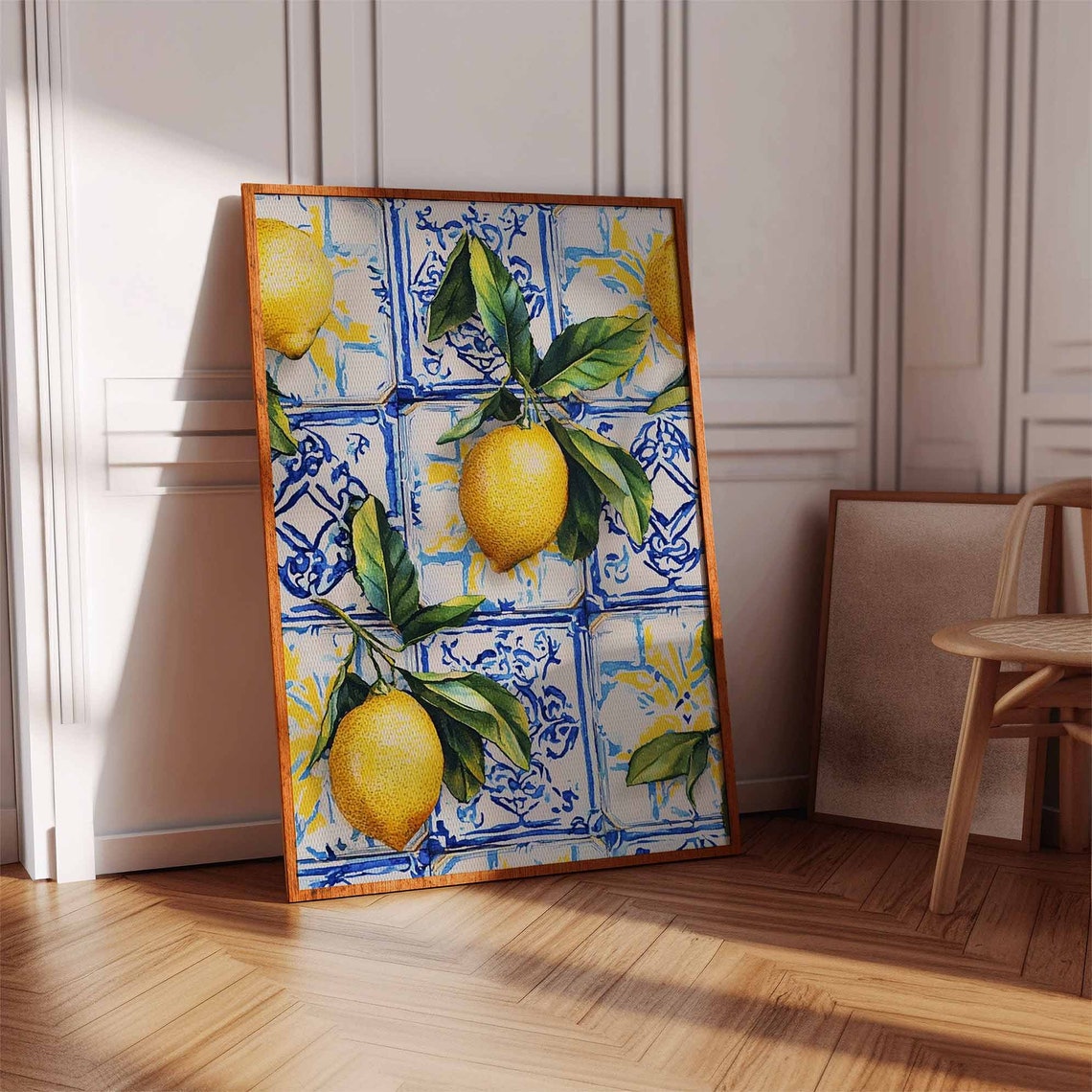 Sunny Ripe Lemons with Leaves on Blue Patterned Tile Art Poster - Image 2