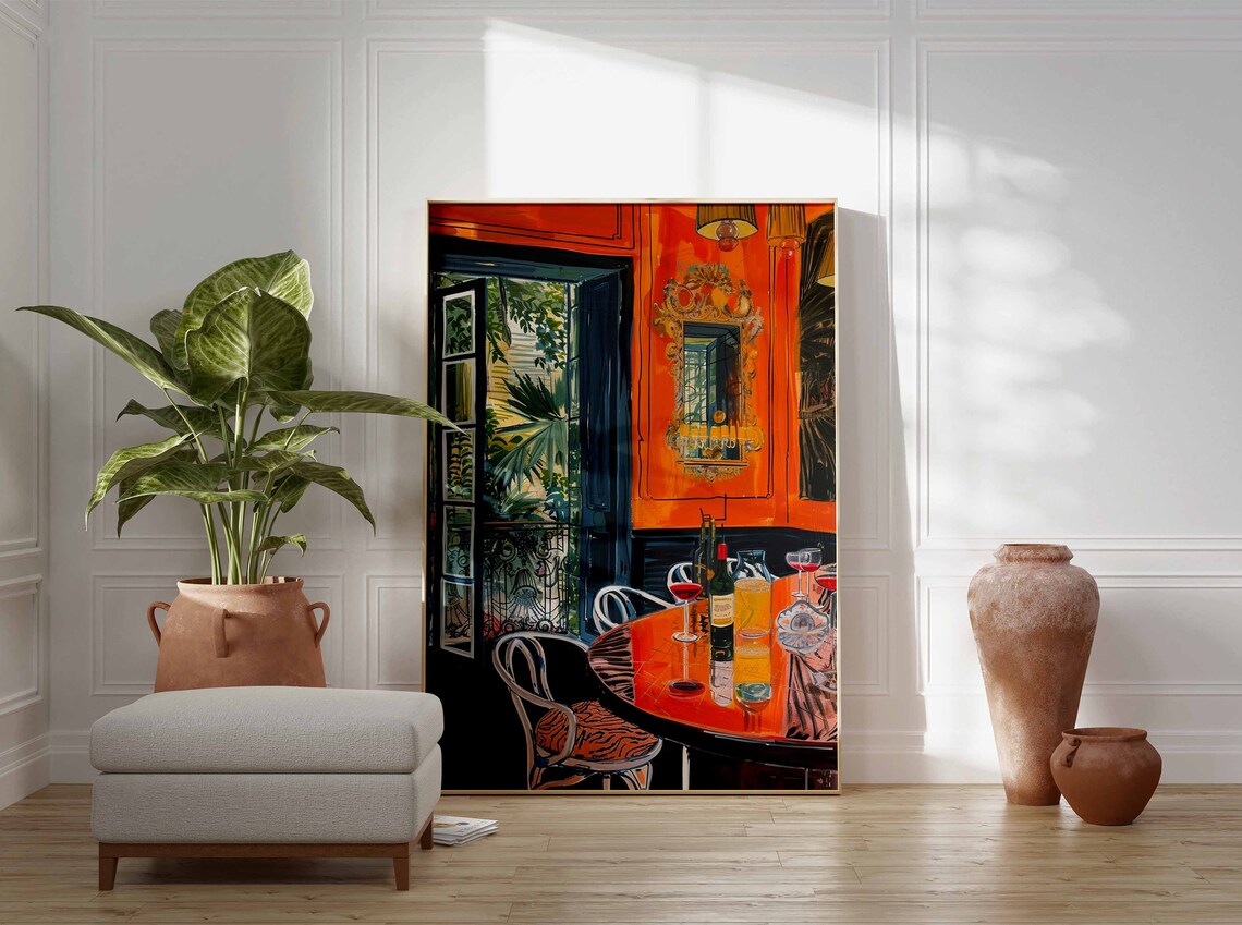 Retro Cocktail Bar Wine Glasses Orange Interior Vintage Poster - Image 3