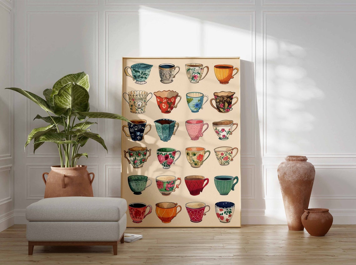 Vintage Illustrated Teacup Collection Grid Tea Lover Art Poster - Image 2