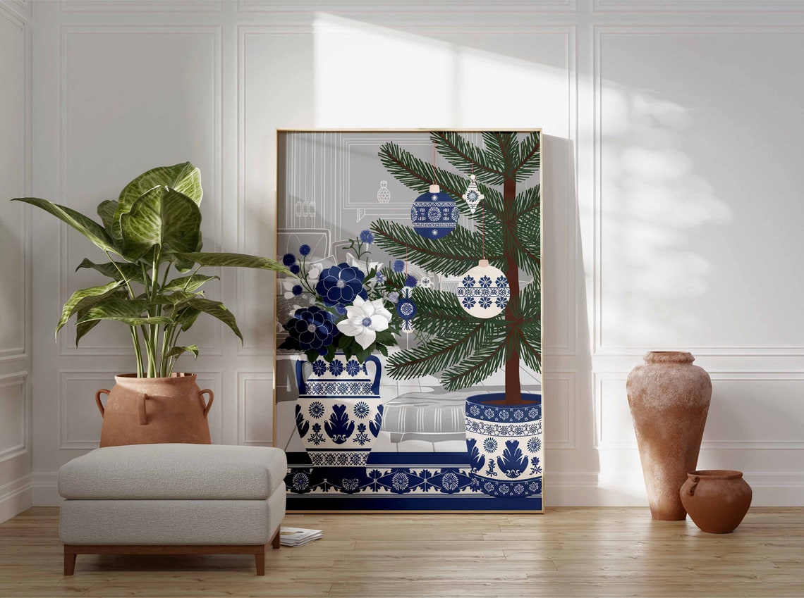 Elegant Gray Blue Chinoiserie Christmas Tree Floral Art Poster - Image 3