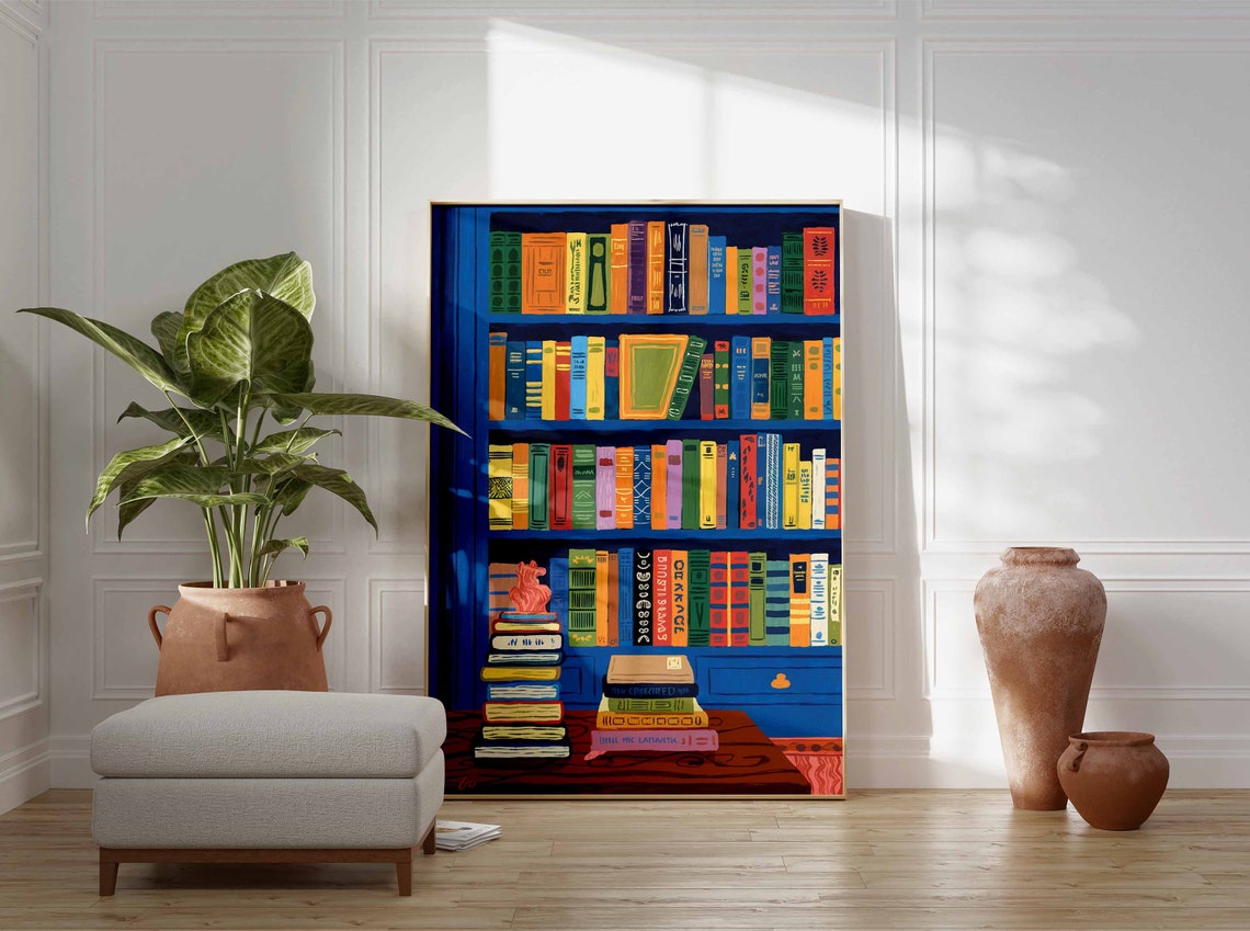Blue Bookshelf Poster with Colorful Books and Stacks of Novels Art - Image 3