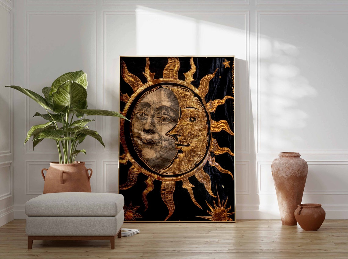 Black And Gold Embossed Sun And Moon Faces Velvet Style Poster - Image 3