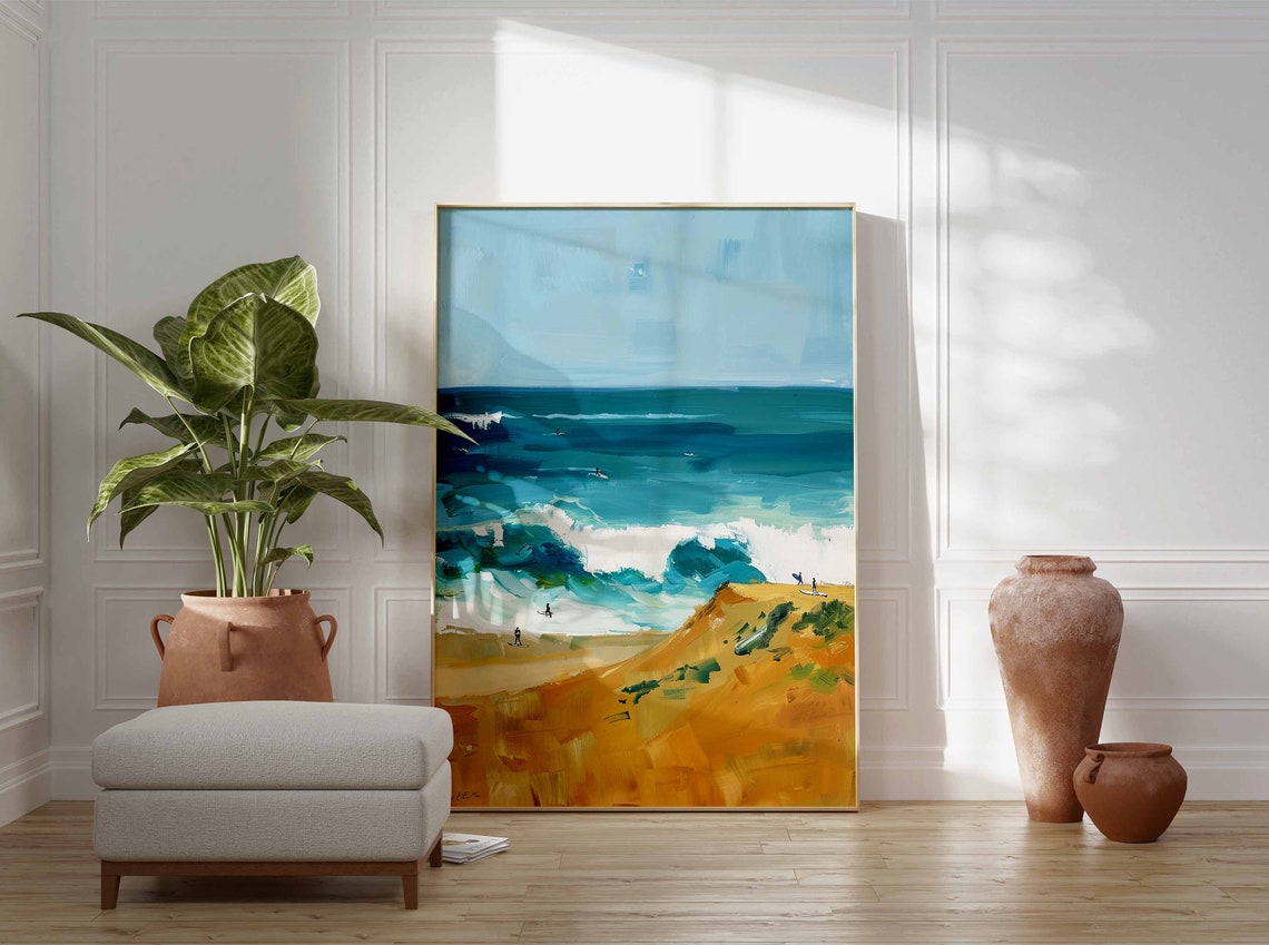 Surfers Riding Turquoise Waves Beside Golden Sand Dunes Poster - Image 3