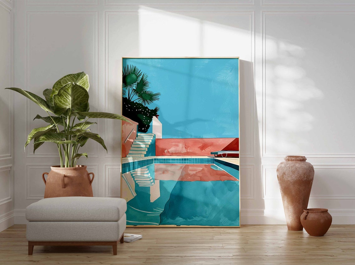 Turquoise Swimming Pool With Pink Walls Palm Trees Mid Century Poster - Image 2