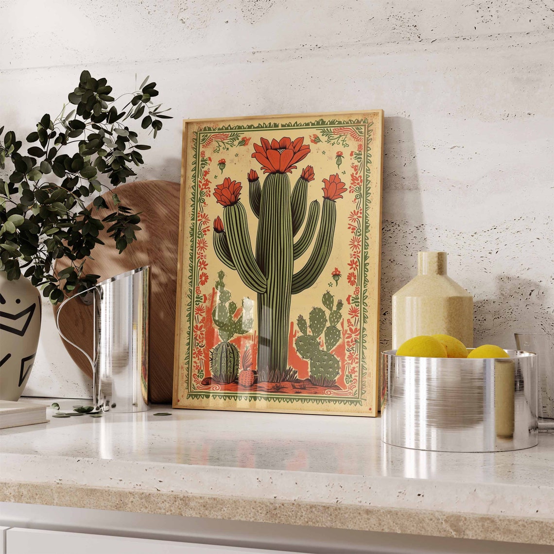 Vintage Mexican Cactus Blooming Saguaro Desert Folk Art Poster - Image 2