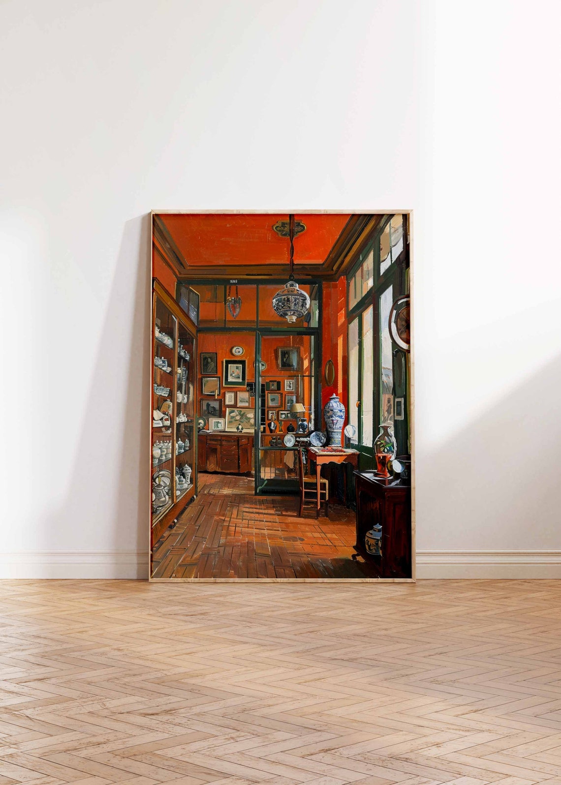 Orange Antique Shop Interior Porcelain Shelves Warm Sunlit Art Print - Image 2