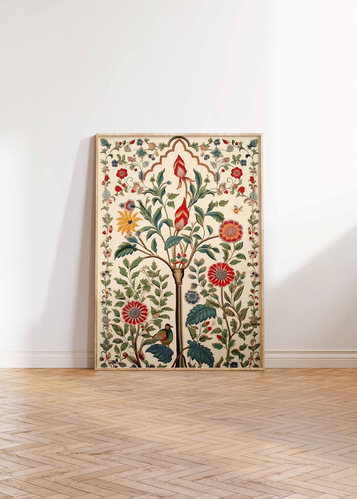 Indian Floral Tree of Life Print with Bird Vintage Mughal Style Art - Image 3