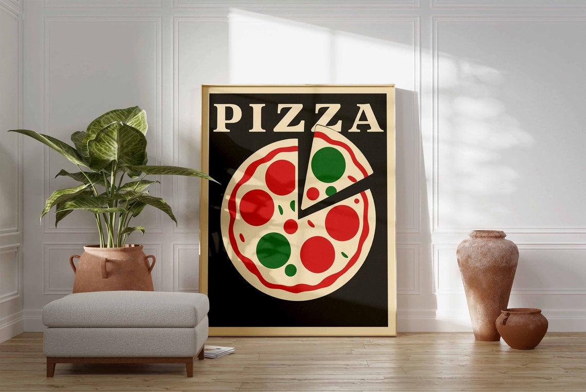 Bold Black Background Pizza Pepperoni Retro Kitchen Art Poster - Image 3