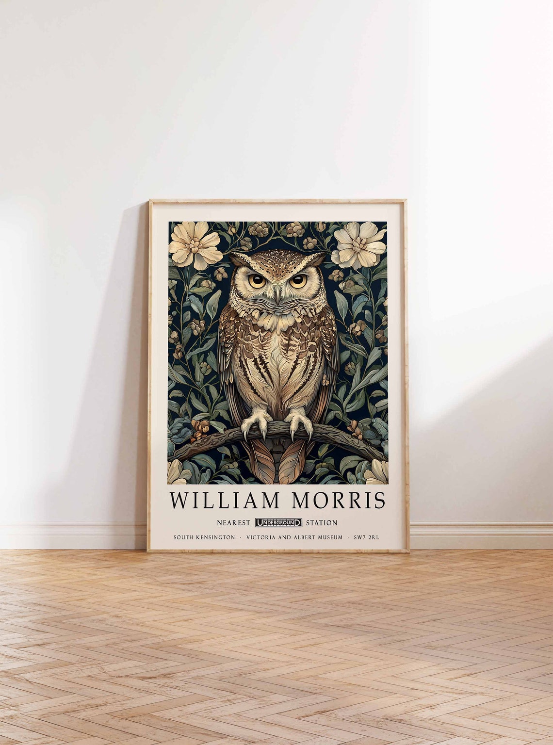 William Morris Owl on Branch Among Blossoms Botanical Night Poster - Image 2