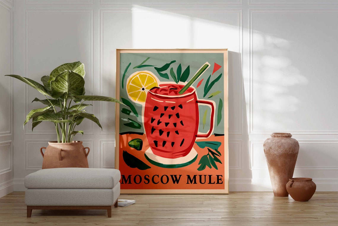 Moscow Mule Watermelon Pattern Mug Coral Retro Cocktail Wall Art - Image 3