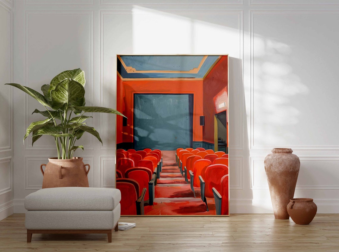 Retro Cinema Auditorium Red Seats Blue Screen Nostalgic Art Poster - Image 3