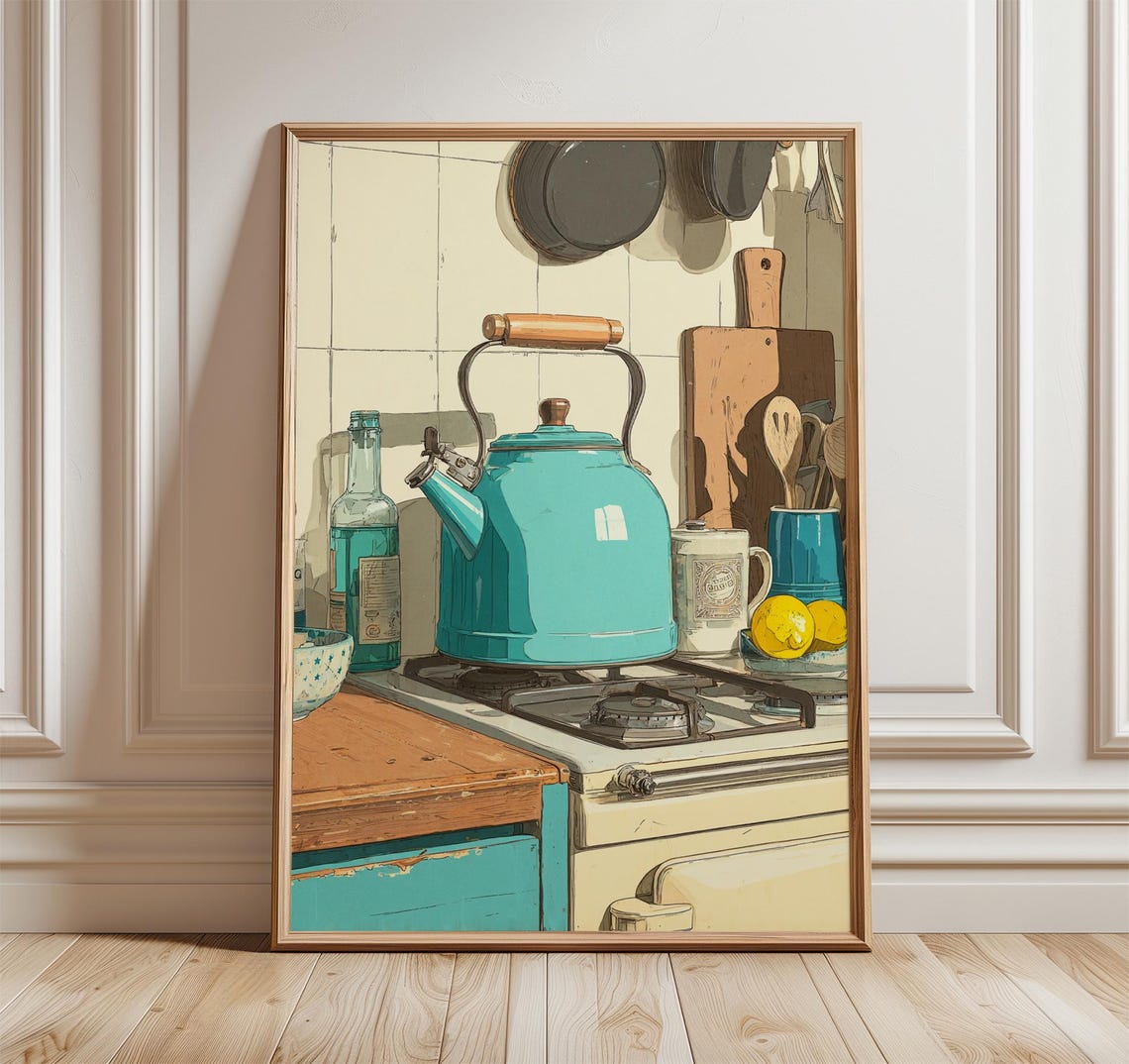 Retro Turquoise Enamel Kettle On Vintage Stove Kitchen Art Poster