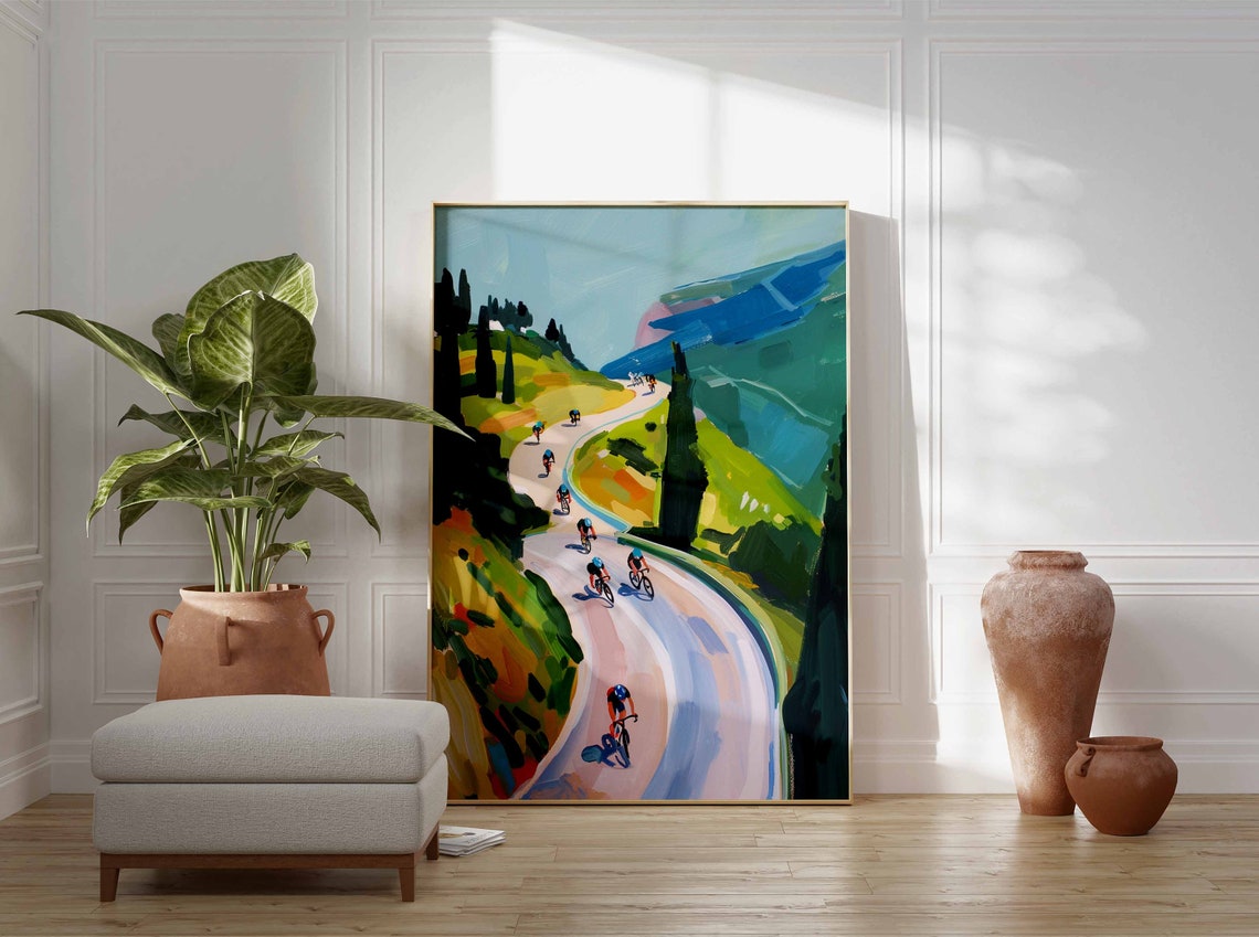 Cyclists Riding Past Cypress Trees Blue Mountain Road Poster - Image 3
