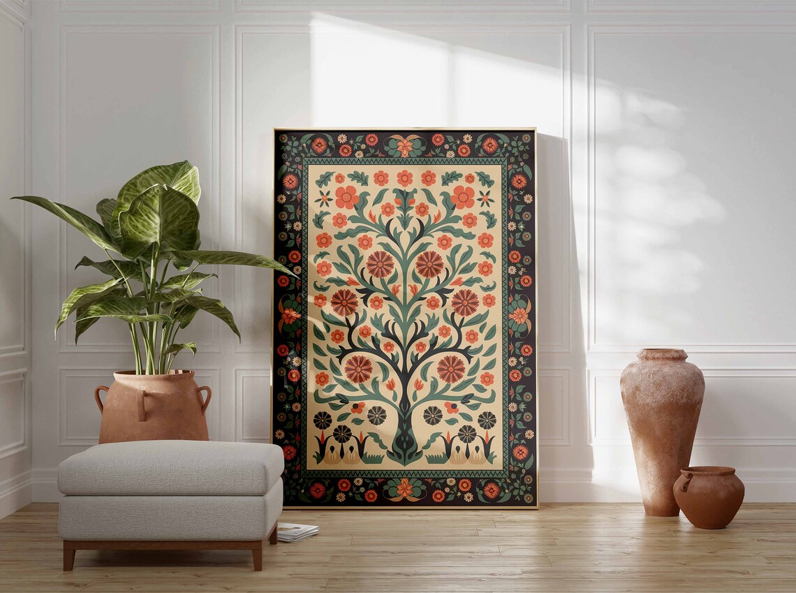 Teal Leaf Indian Tree of Life Rust Bloom Dark Border Poster Moody Art - Image 2