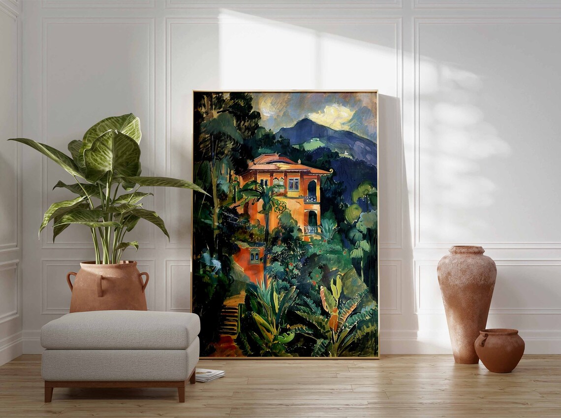 Moody Night Mountain Villa in Tropical Foliage Dark Landscape Poster - Image 3