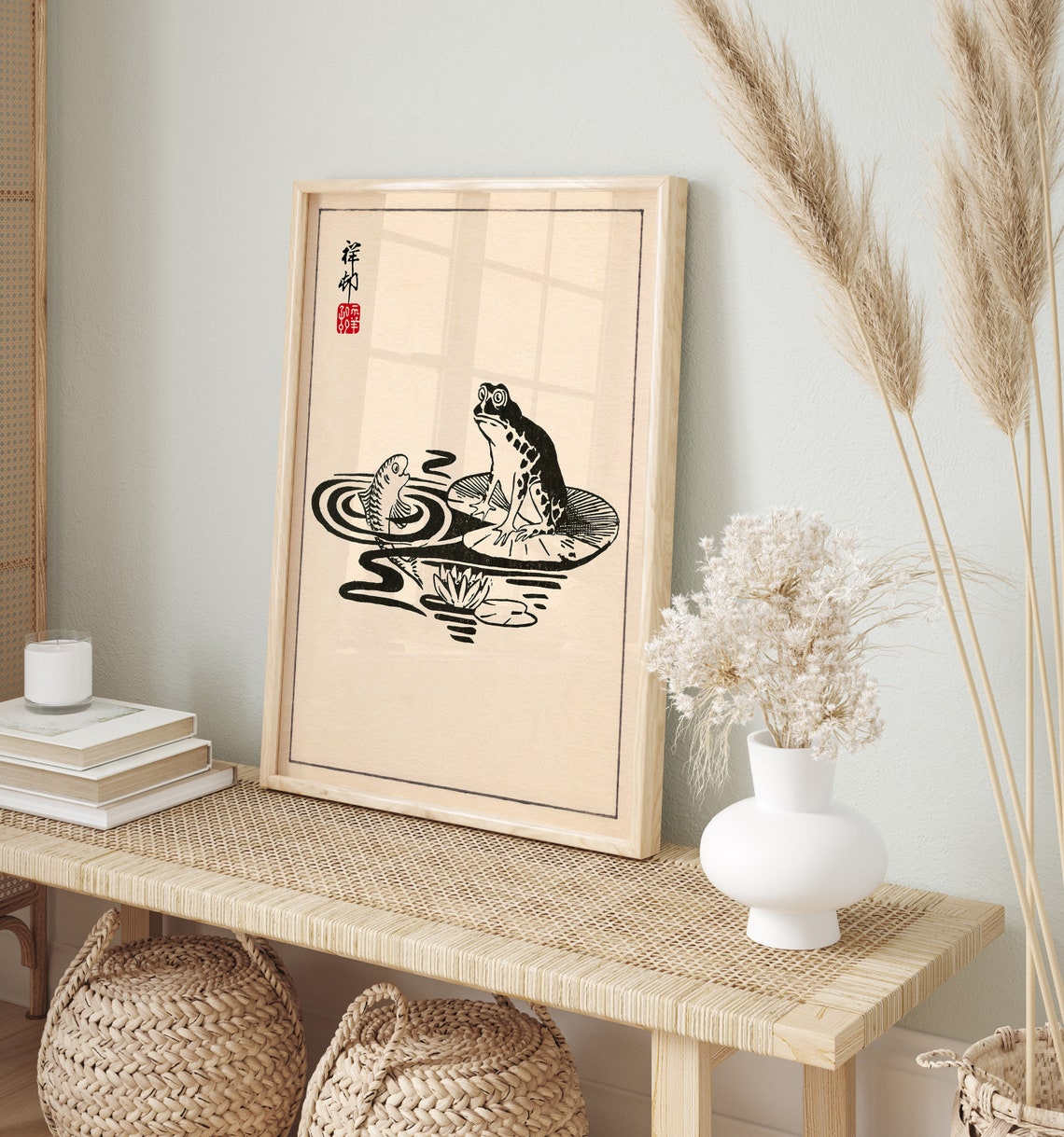 Japanese Frog and Fish Woodblock Style Vintage Animal Art Poster - Image 2