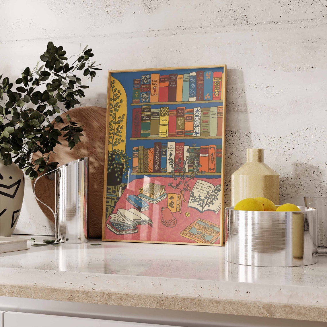 Blue Bookshelf With Stacked Books Reading Corner Wall Poster - Image 2