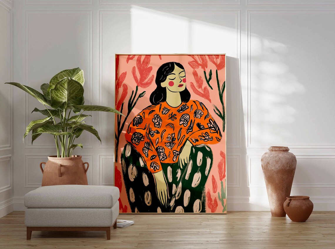 Peaceful Woman Portrait With Floral Blouse Colorful Botanical Poster - Image 2