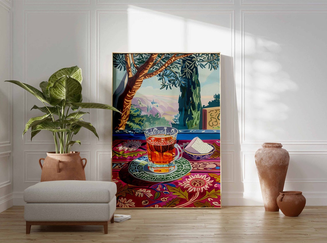 Arabic Tea Glass Olive Tree Terrace Colorful Illustration Poster - Image 3