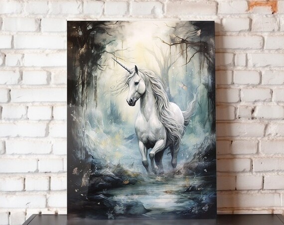 White Unicorn In Misty Enchanted Forest Watercolor Fantasy Art Poster