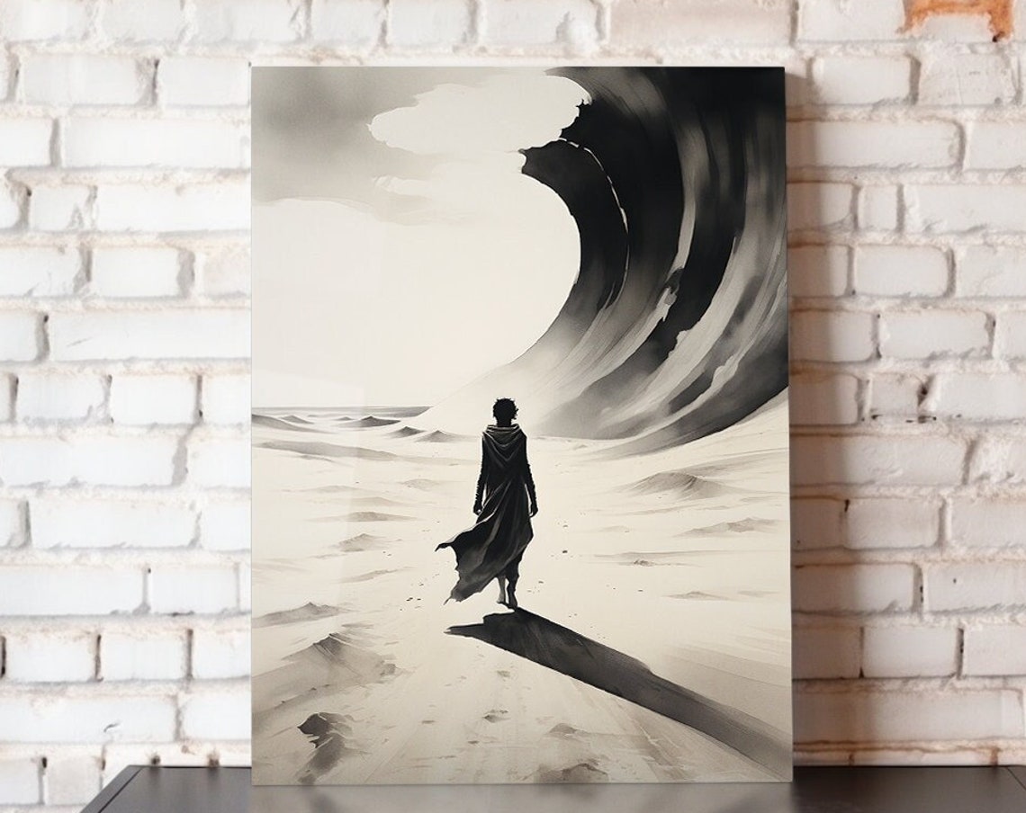 Lone Wanderer Before Towering Sand Wave Desert Power Monochrome Poster