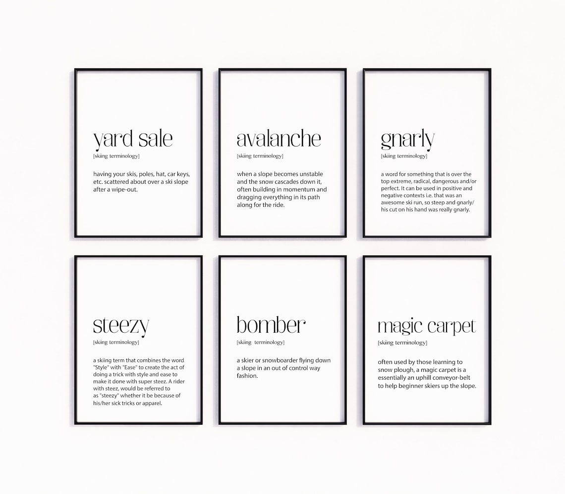 Set Of 6 Skiing Prints, Winter Sports Terminology