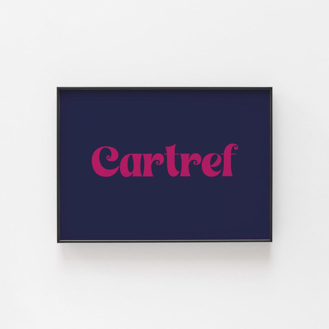 Cartref Welsh Word Print Hot Pink Retro Script Home Navy Wall Decor