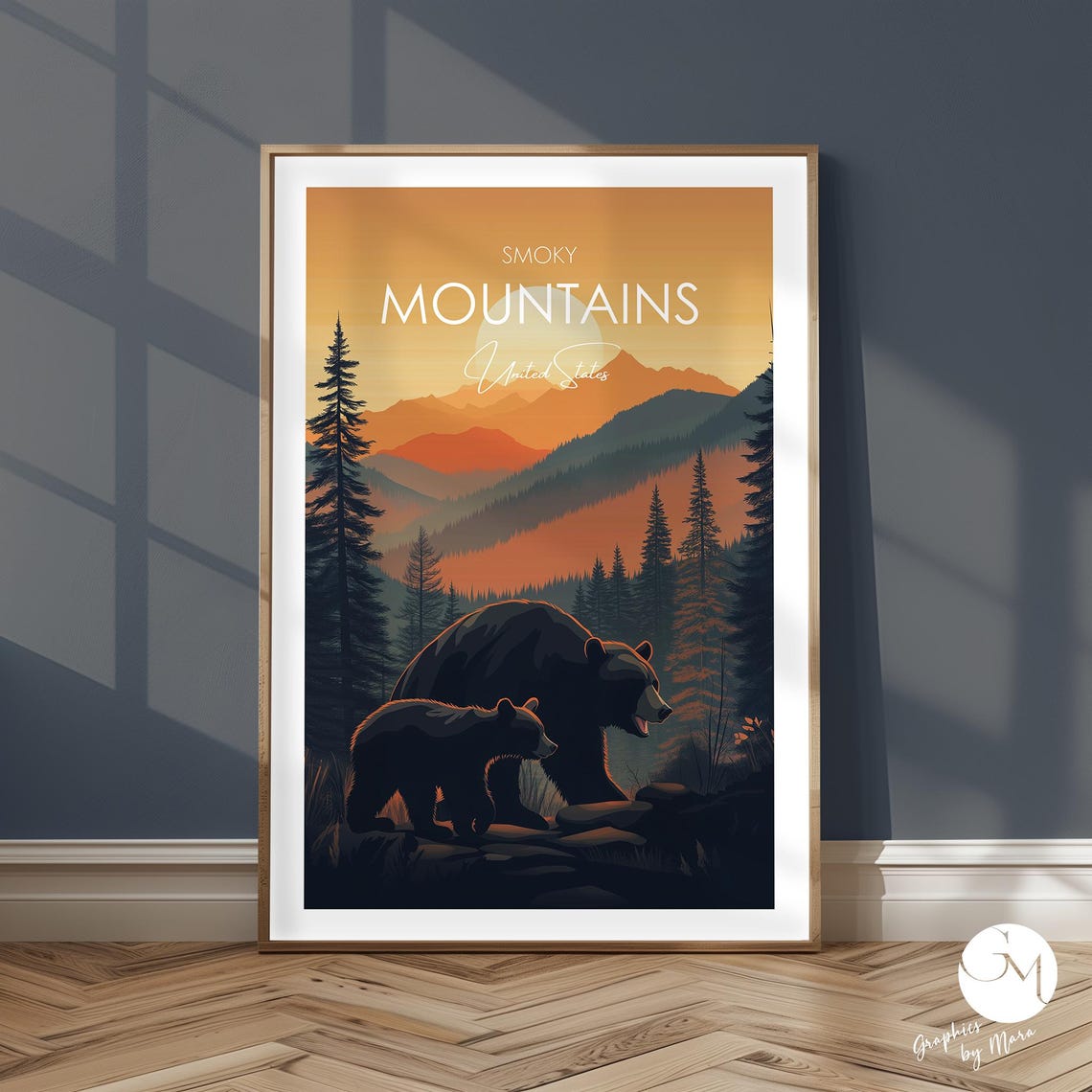 Smoky Mountains Sunset Bear Silhouette Mother Cub Illustration Poster