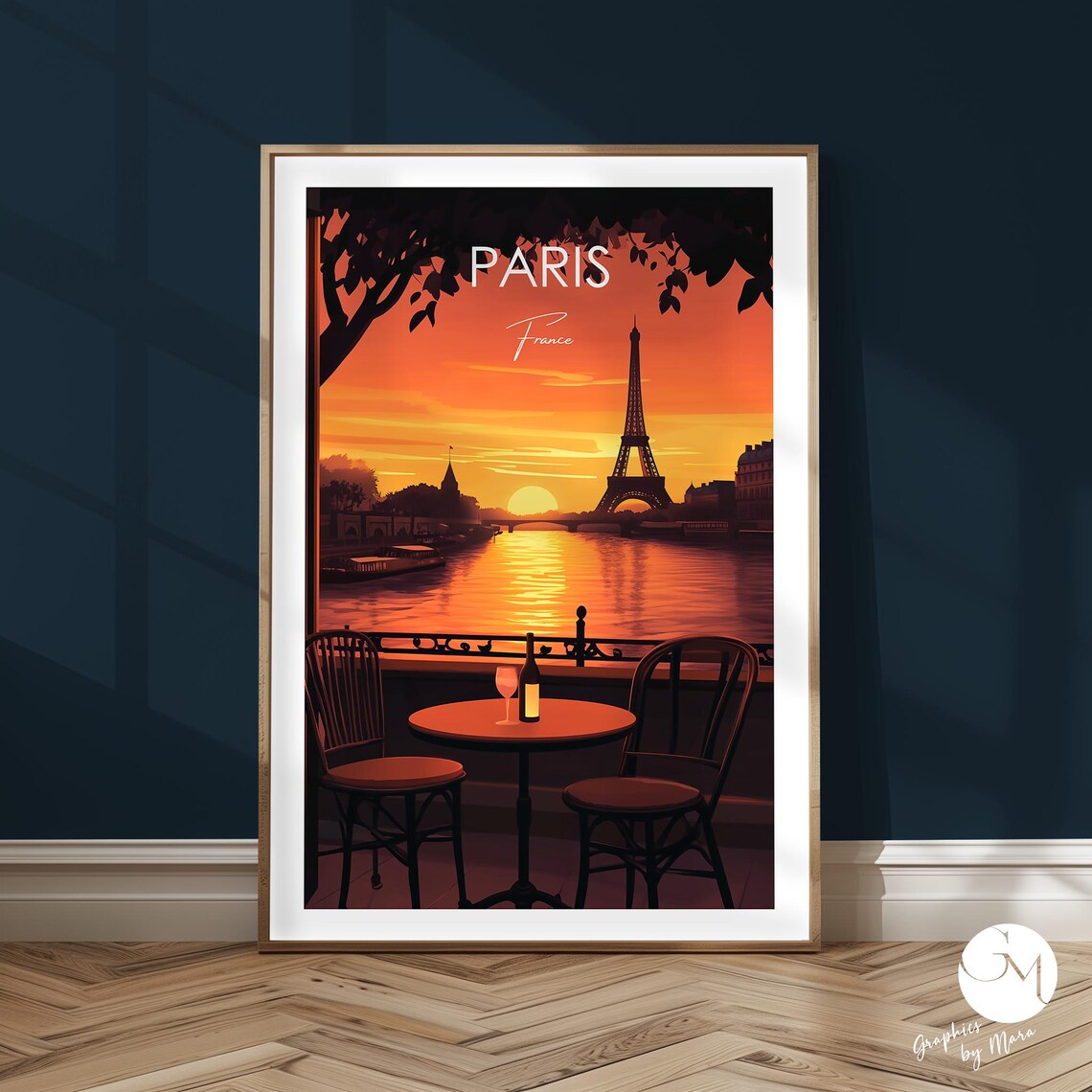 Paris France Eiffel Tower Sunset Terrace Travel Art Deco Poster