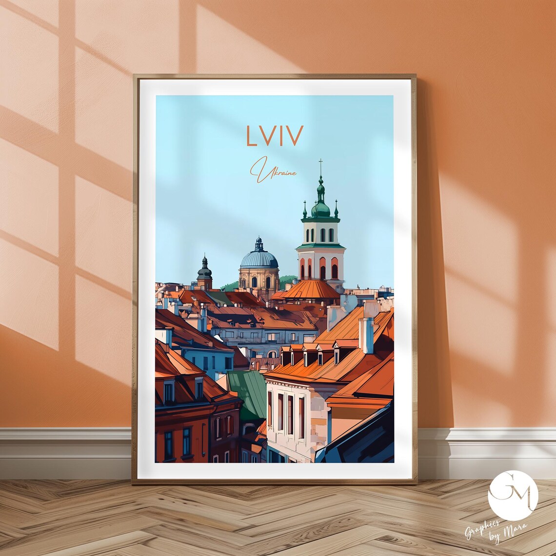 Lviv Ukraine Old Town Terracotta Rooftops Church Spires Travel Poster