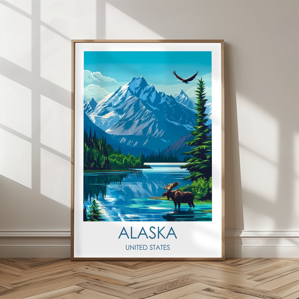 Alaska Mountain Lake Scene with Moose and Eagle Travel Poster