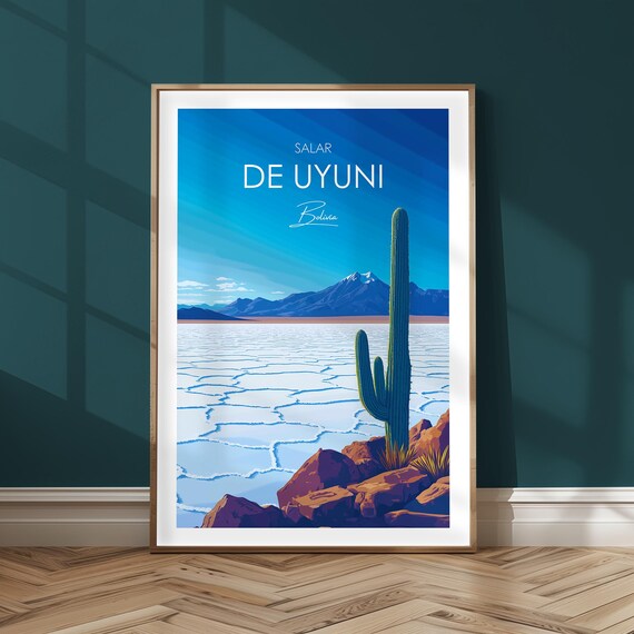 Salar De Uyuni Bolivia Salt Flat Cactus Landscape Travel Poster