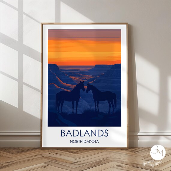 Badlands North Dakota Horse Silhouettes at Sunset Canyon Poster