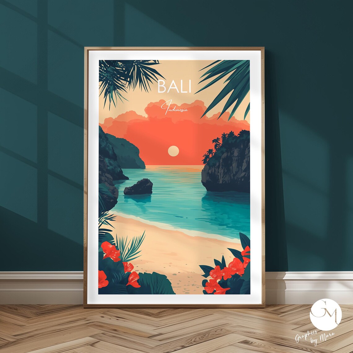 Bali Sunset Turquoise Sea Rocky Cove Palm Flowers Art Poster
